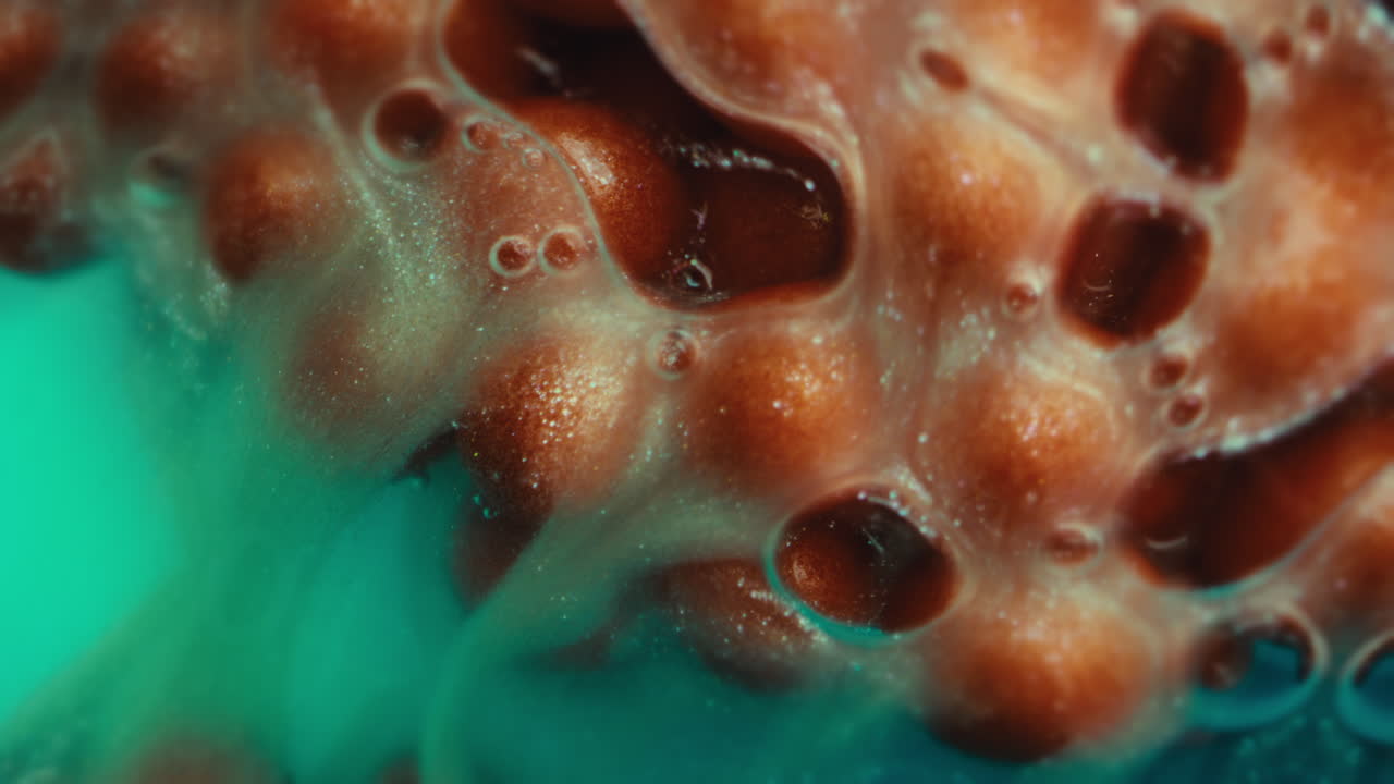 Close-up of textured food with bubbles and teal background