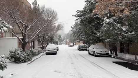 Wandern-Im-Verschneiten-Wetter,-Straße,-Schneefall-In-Teheran,-Iran,-Asien,-Wintersaison,-Auto-Geparkt,-Frühmorgens,-Landschaft-Mit-Menschen,-Lebendes-Haus,-Stadtbild,-Bäume-Entlang-Der-Straße,-Perspektive,-Gasse,-Fahrbahn,-Städtisch