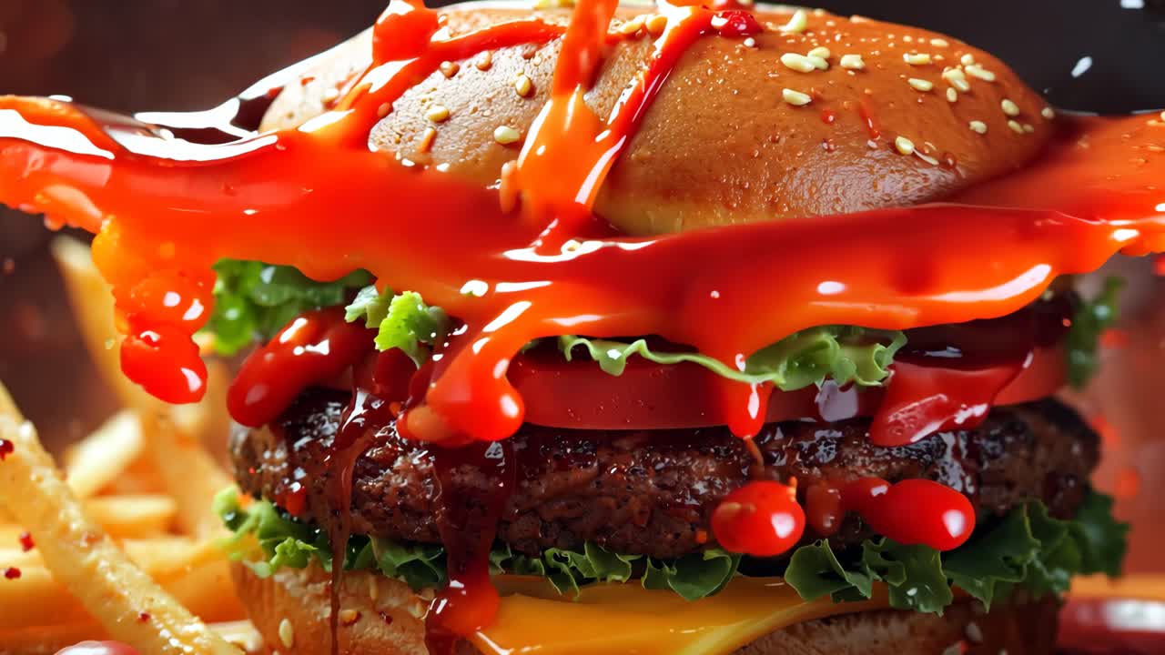 A burger with a lot of ketchup and a lot of fries. The burger is dripping with ketchup and the fries are also covered in ketchup. The image has a messy and chaotic feel to it, as if the burger