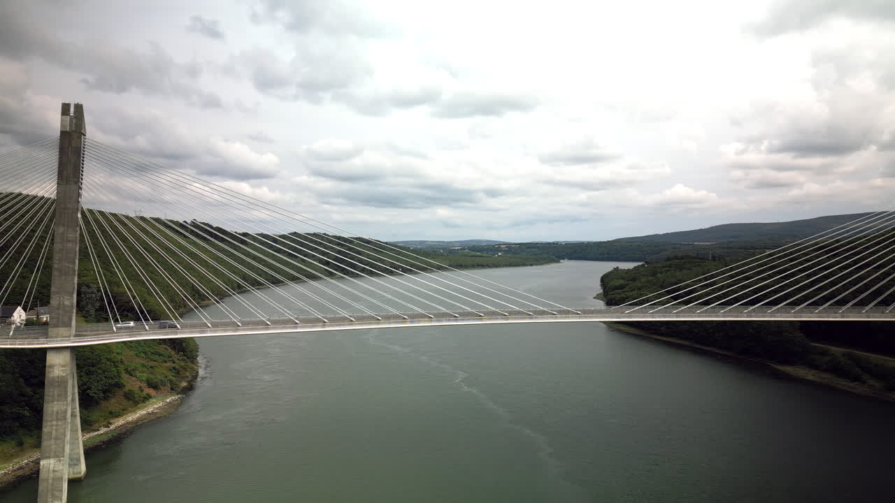 큰 강 을 가로지르는 서스펜션 브릿지 의 쪽 공중 사진