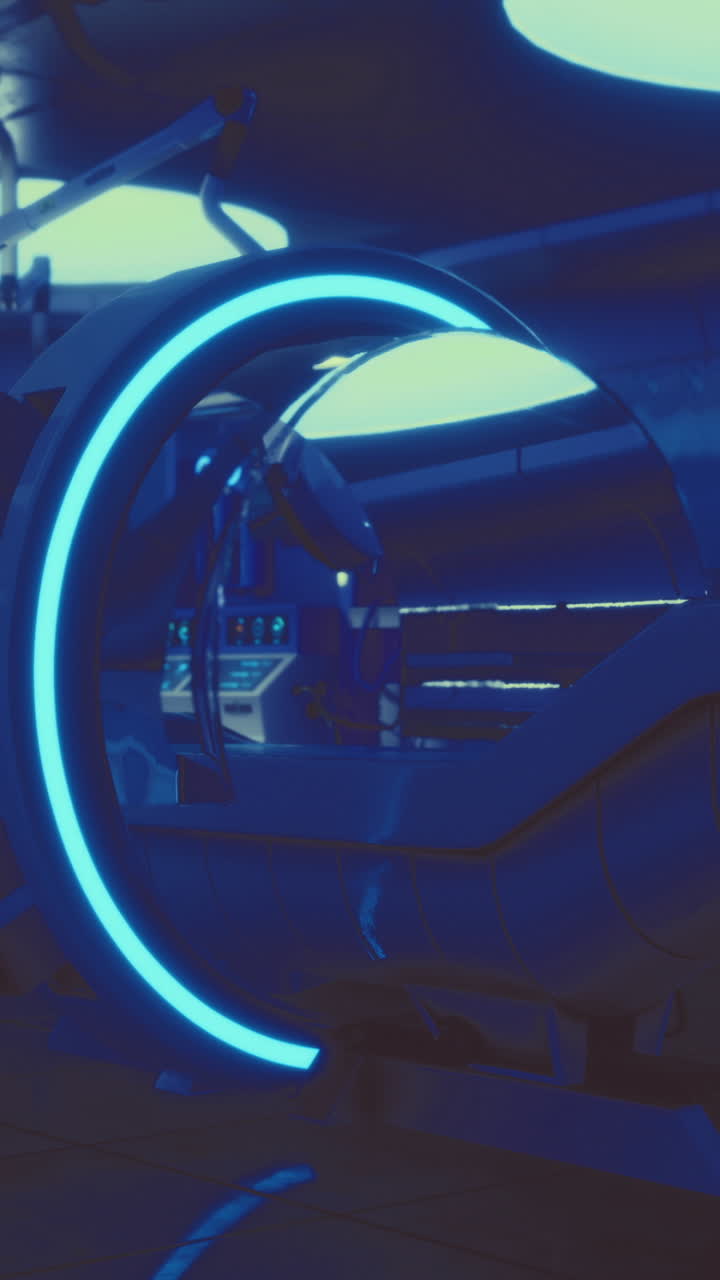 Futuristic mri scanner illuminated with blue lights in a high tech medical room