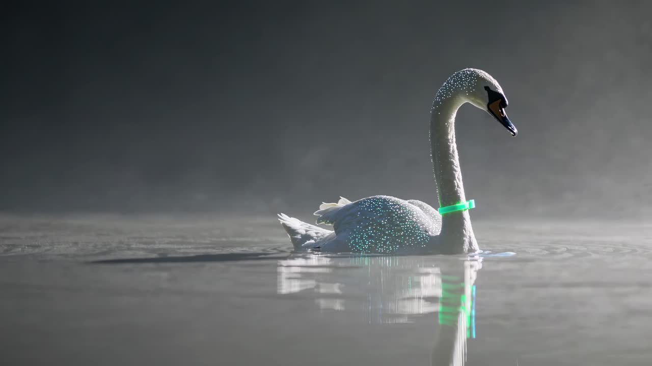 Swan with Green Band in Misty Morning Light