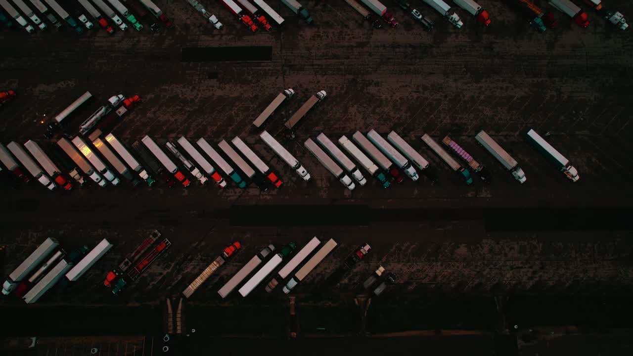 Top view of Semi trucks parked at truck stop in Wisconsin, USA