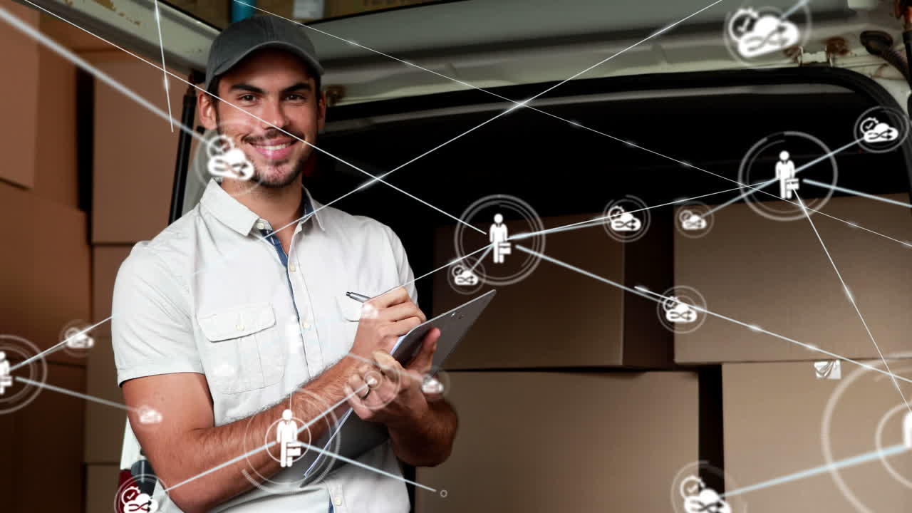 animación de conexiones de red con personas y compartir iconos y trabajador en segundo plano