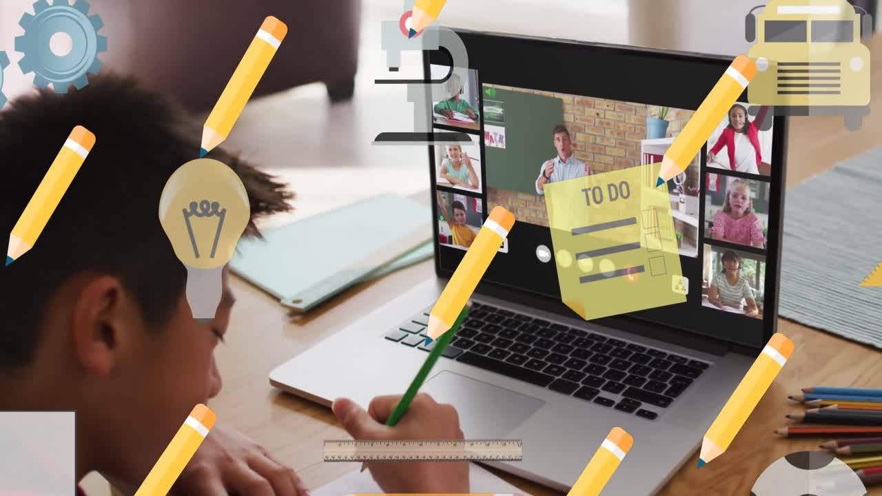 animación de iconos escolares sobre escolares biraciales en una lección en línea en computadora portátil