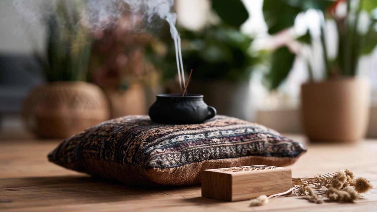 Un momento sereno di beatitudine aromatica: Incantevole fumo d'incenso che sale da un accogliente recipiente su un cuscino decorativo circondato da una vegetazione lussureggiante