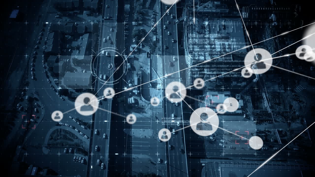 Animation of network of connections and scope scanning over cityscape