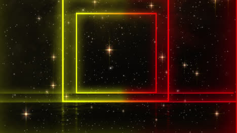 animation of a tunnel of glowing bright geometric square with night sky and glowing star in the back