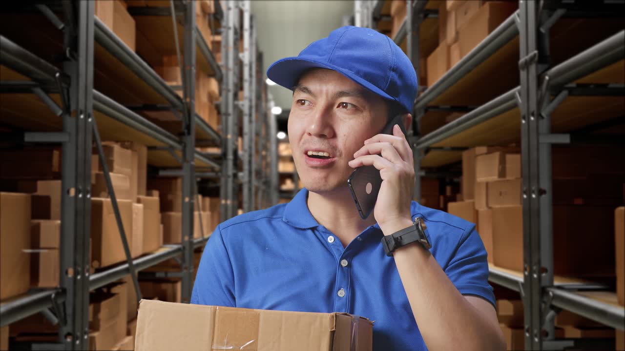 primer plano de un mensajero masculino asiático en uniforme azul hablando en su teléfono inteligente mientras entrega un cartón en el almacén