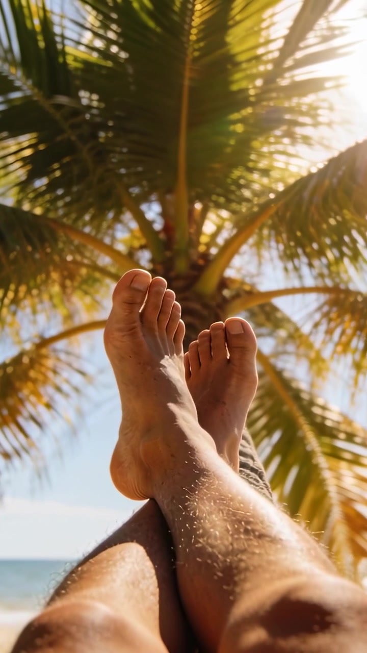 Video verticale: Gambe scalze che si muovono, incrociandosi e disincrociandosi, mentre il sole filtra attraverso una palma sulla spiaggia.