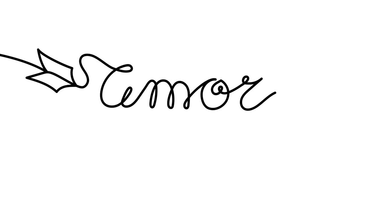 애니메이션 일러스트레이션: 연속적인 한 줄의 심장과 아모르 (스페인어로 사랑) 화살의 형태로 손으로 그려진 미니멀리즘 스타일 4k 비디오