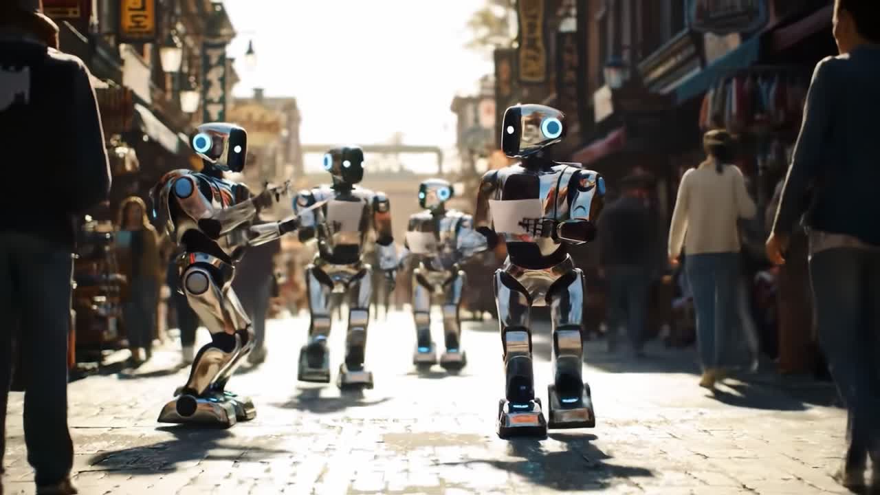 A group of shiny advanced robots strolls through a lively urban marketplace filled with people as the sun sets, creating a futuristic and dynamic atmosphere.