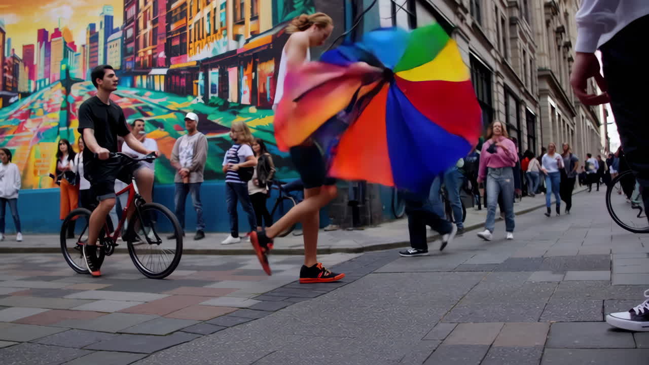 City Street Scene with Graffiti Mural and People