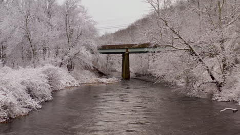 snowy river scene with bridge