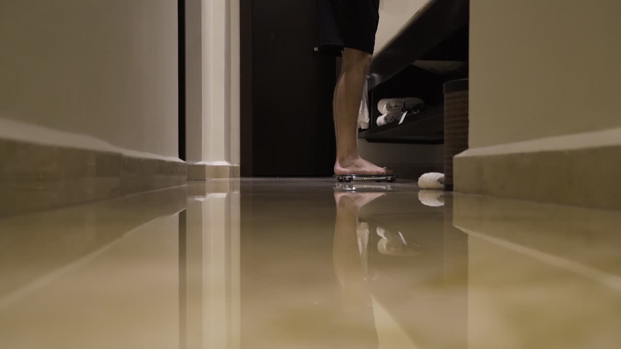 마른 소년이 체중계에 올라갑니다.