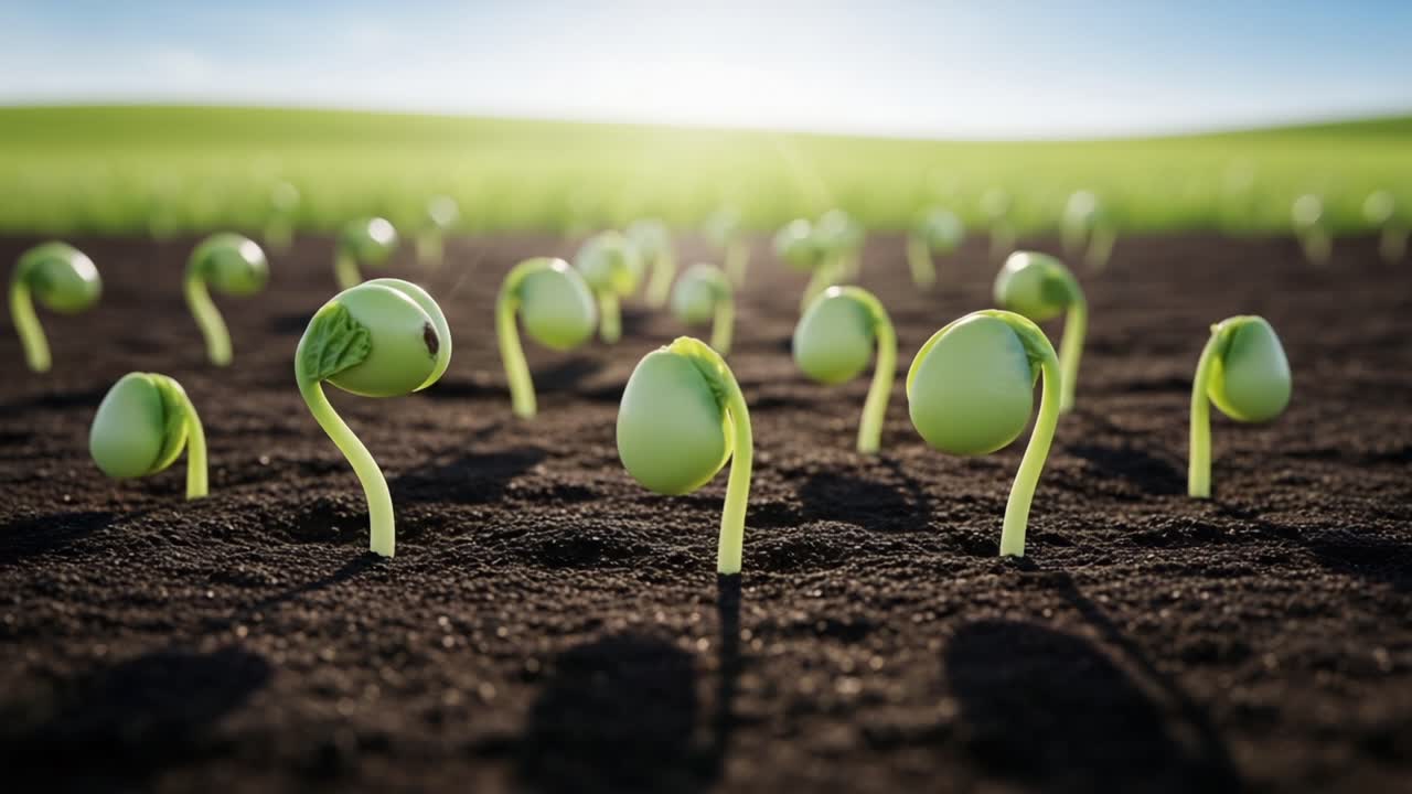 A Captivating Transformation: The Growth Journey of Seedlings Emerging from Rich Soil Underneath a Clear Sky in Nature's Embrace
