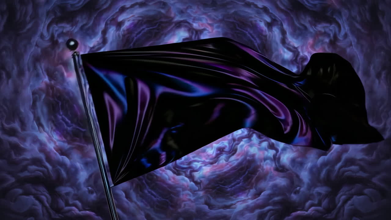 Black Iridescent Flag Waving Against a Swirling Purple and Blue Abstract Background