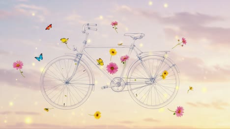 a dreamy bicycle surrounded by colorful flowers and butterflies against a sunset sky, creating a whimsical and serene atmosphere of nature's beauty