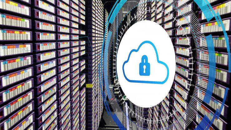 Animation of data processing with cloud icon over server room