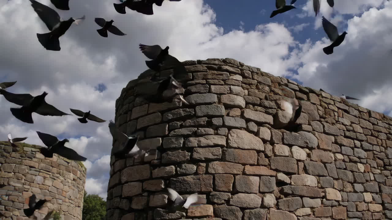 Flock of Pigeons Flying Around an Ancient Stone Wall Under a Cloudy Sky