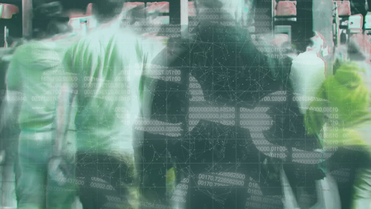 Walking in busy area, people surrounded by digital data and animation overlay