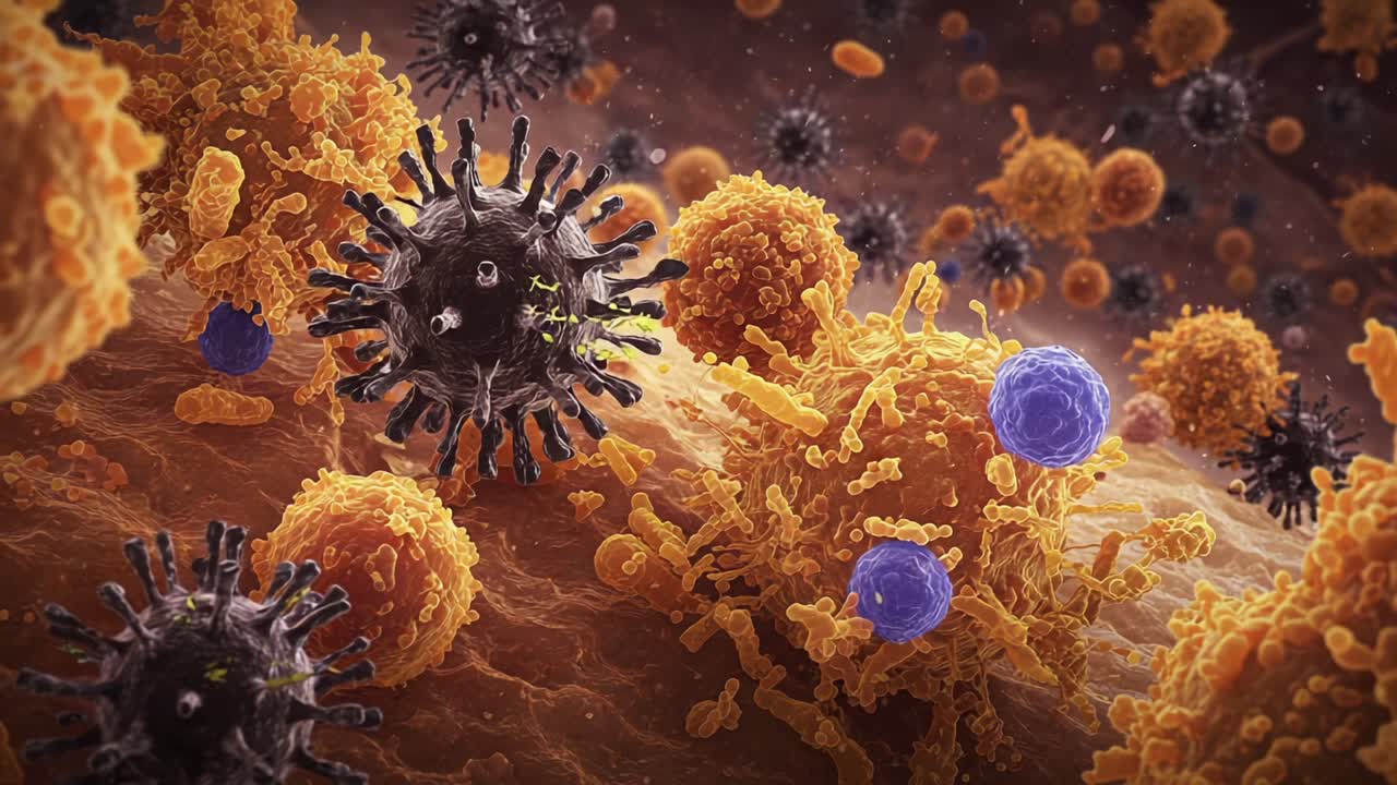 Microscopic Visualization of Immune Response: A Detailed Look at Viral Activity and Cellular Interactions in a Living Organism's Environment