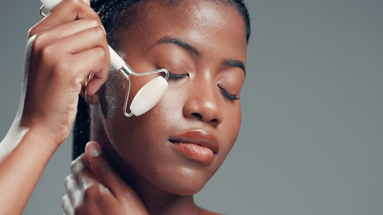 Mulher usando massageador facial para cuidar da pele