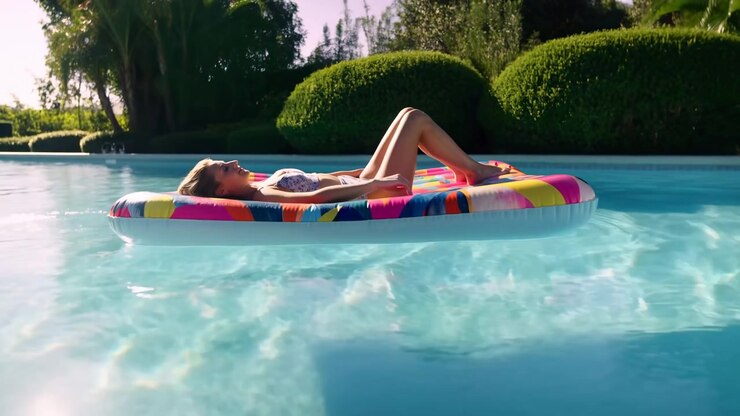 Woman lies on her back on striped floating raft while gentle ripples carry it through an outdoor swimming pool, with sunlit water, trimmed shrubs, and trees behind.