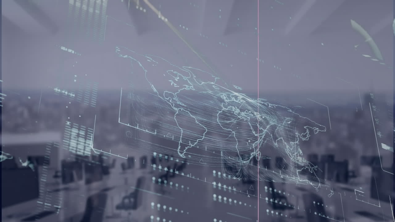 도시 풍경의 공중 전망에 대한 세계 지도에 대한 데이터 처리 인터페이스의 애니메이션