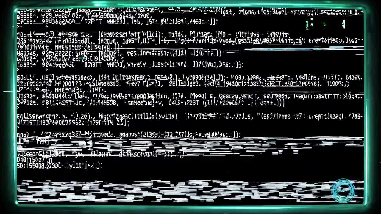 Close-up video of a retro computer screen with green text on a black background