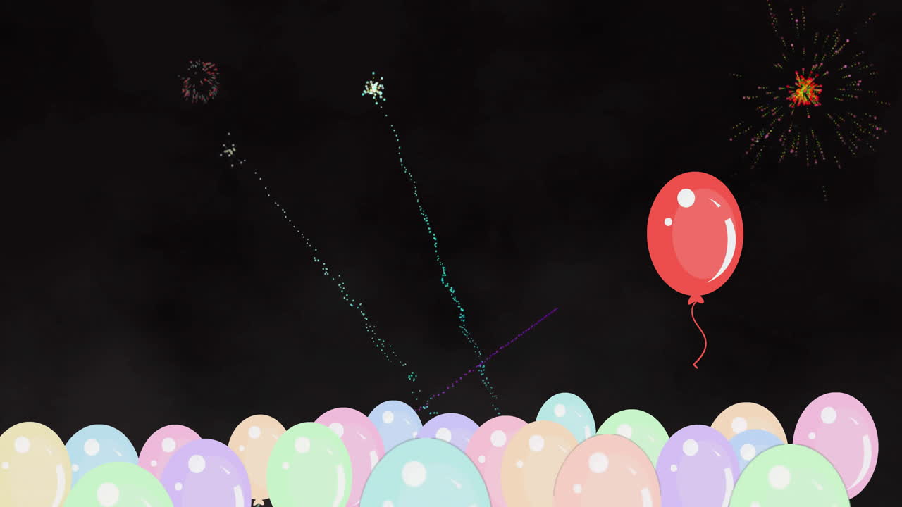 Fireworks animation lighting up colorful balloons on dark background