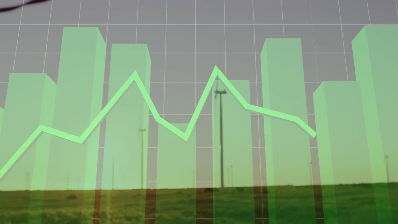 Green line graph animation over wind turbines in grassy landscape