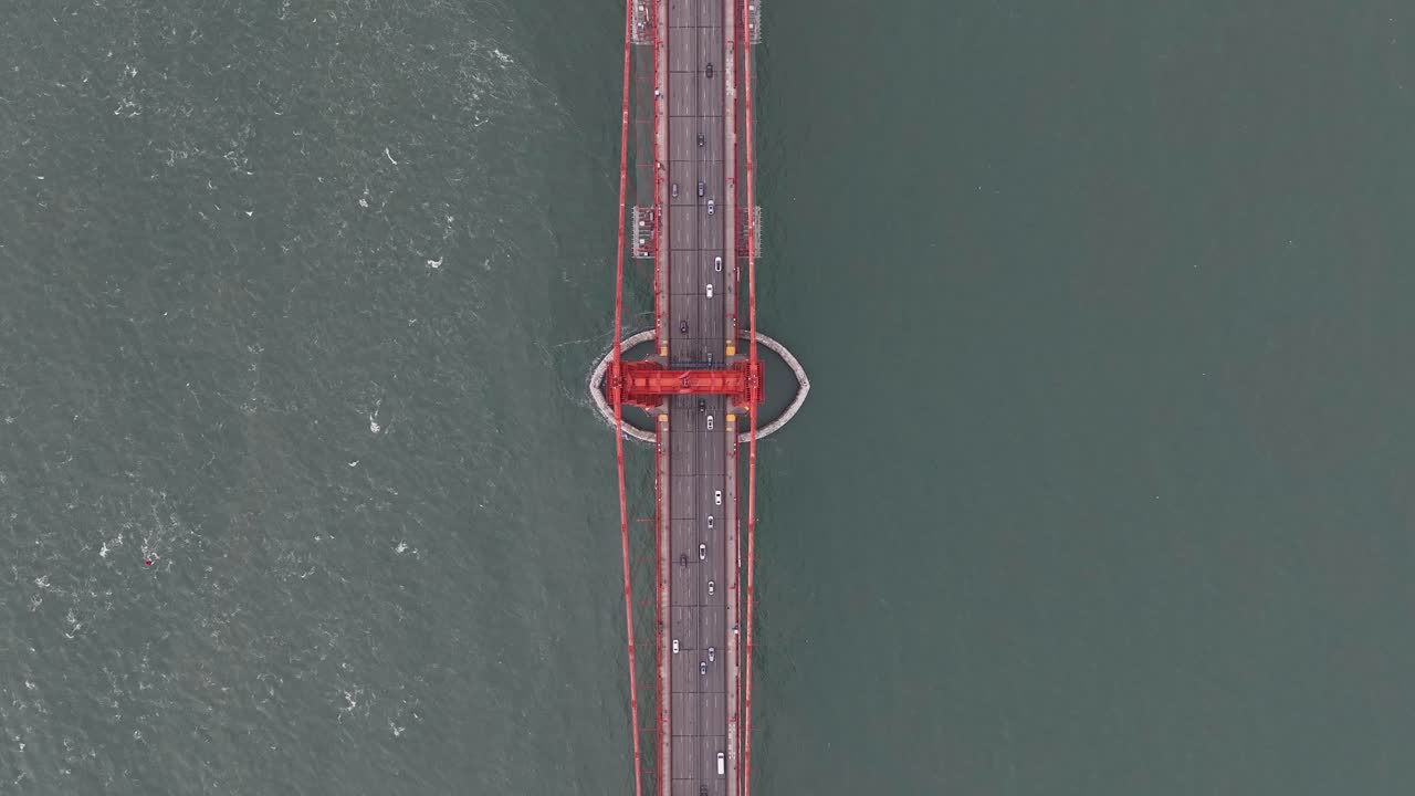 High angle, bird eye view centered directly above Golden Gate Bridge tower
