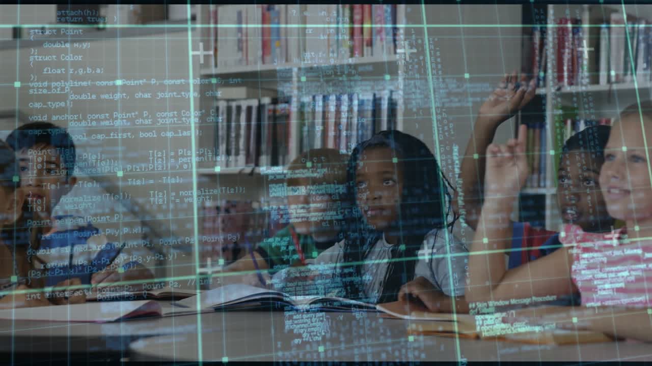 Students raising hands on teacher prompt in library girl answering, boy tapping with code gridlines