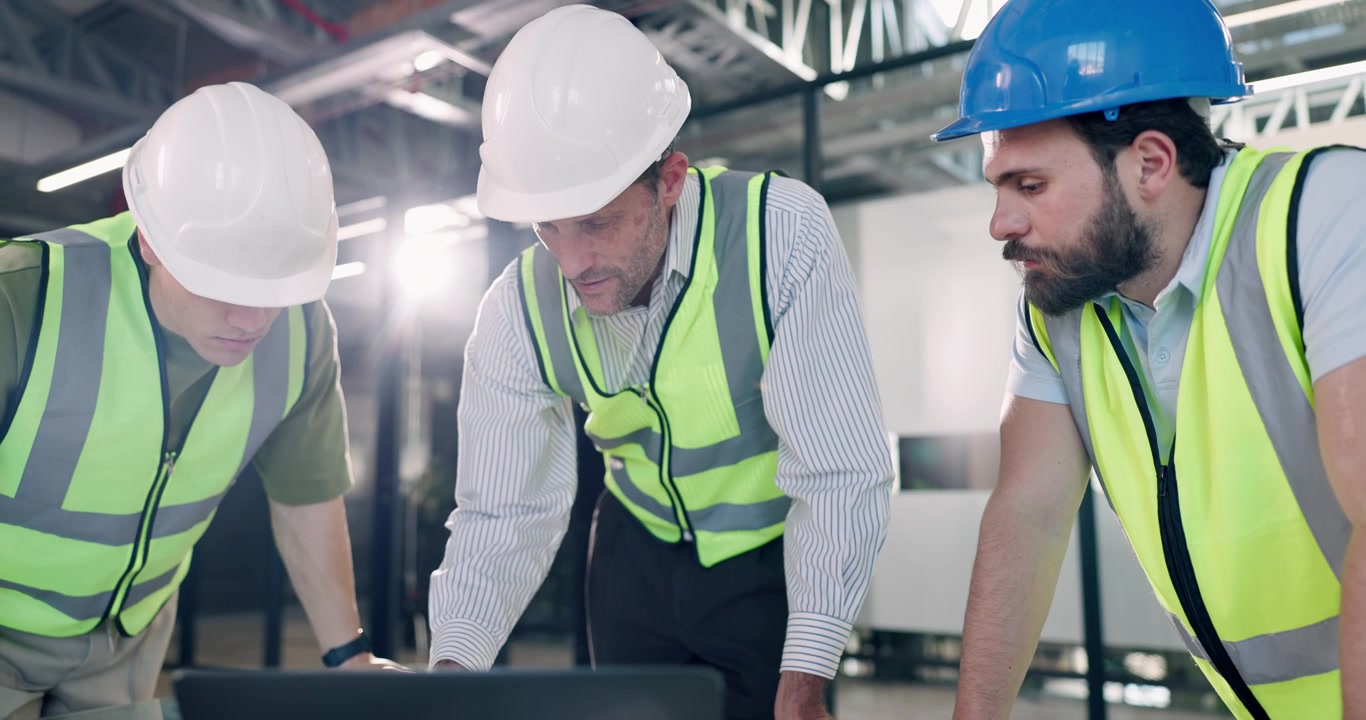 Construction Engineers Reviewing Project Plans on Laptop at Building Site