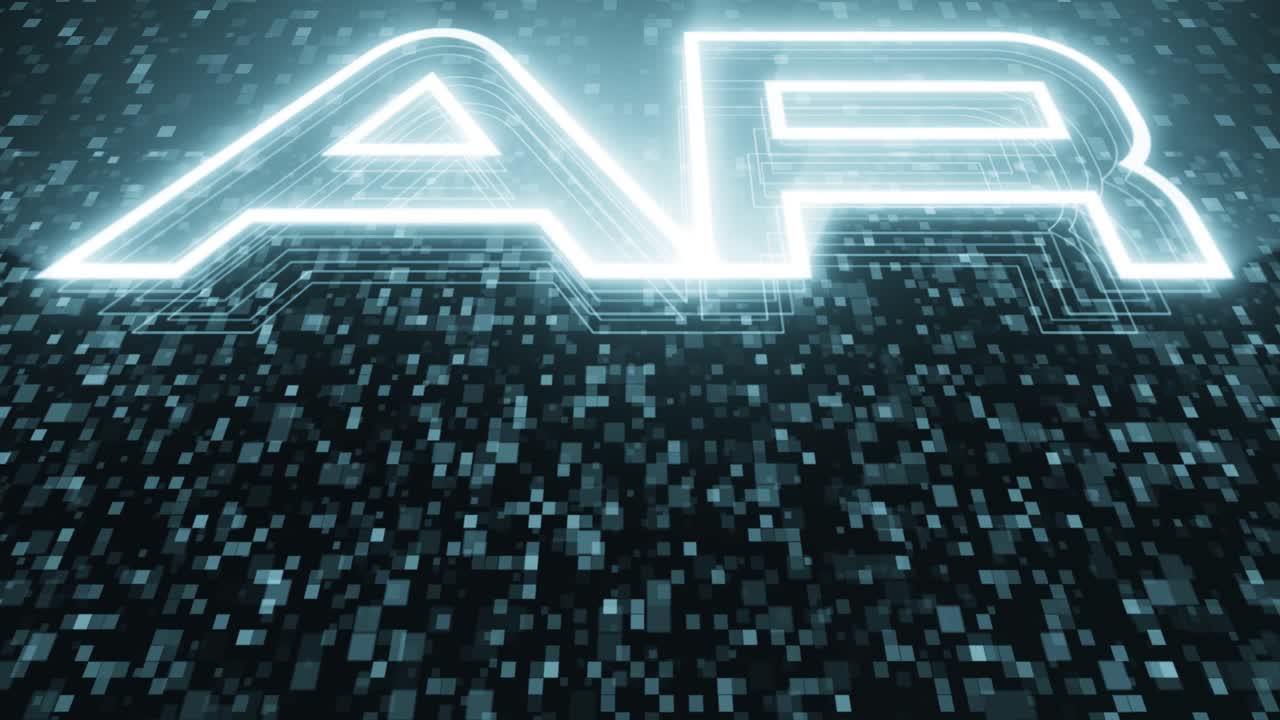 animación de ar, realidad aumentada, texto con fondo de animación tipo píxel cuadrado y la cámara debajo moviéndose y mirando el texto