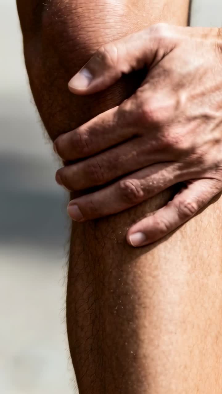 Atleta masculino masajeando la rodilla derecha después de correr, con un mapa de dolor animado sobre la rodilla mostrando dolor deportivo.