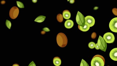 kiwis and leaves falling against a dark backdrop