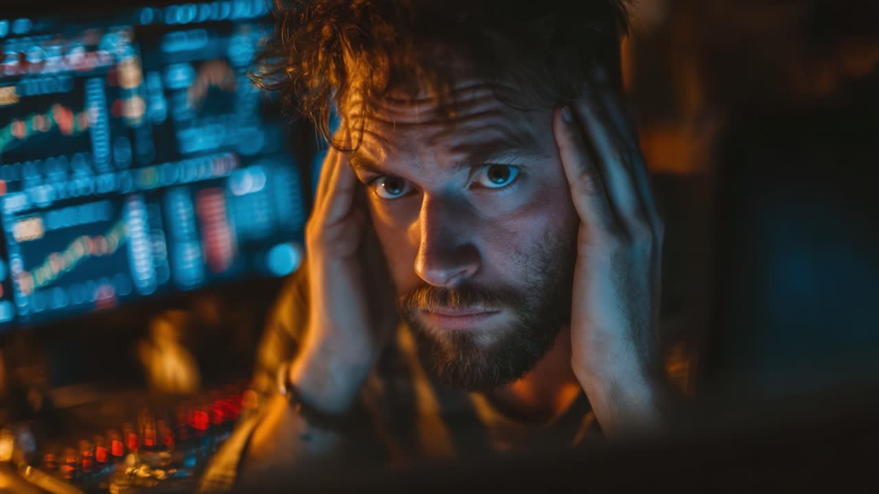 Anxiety and Concentration: A Deep Focus on Financial Market Data and Trading Dynamics as a Young Man Manages Stress in a High-Pressure Environment