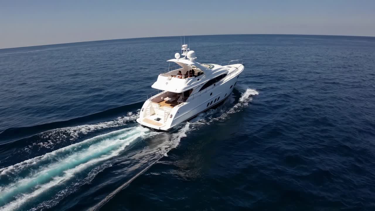 Aerial video captures a luxury yacht cruising through open sea, showcasing opulence and adventure