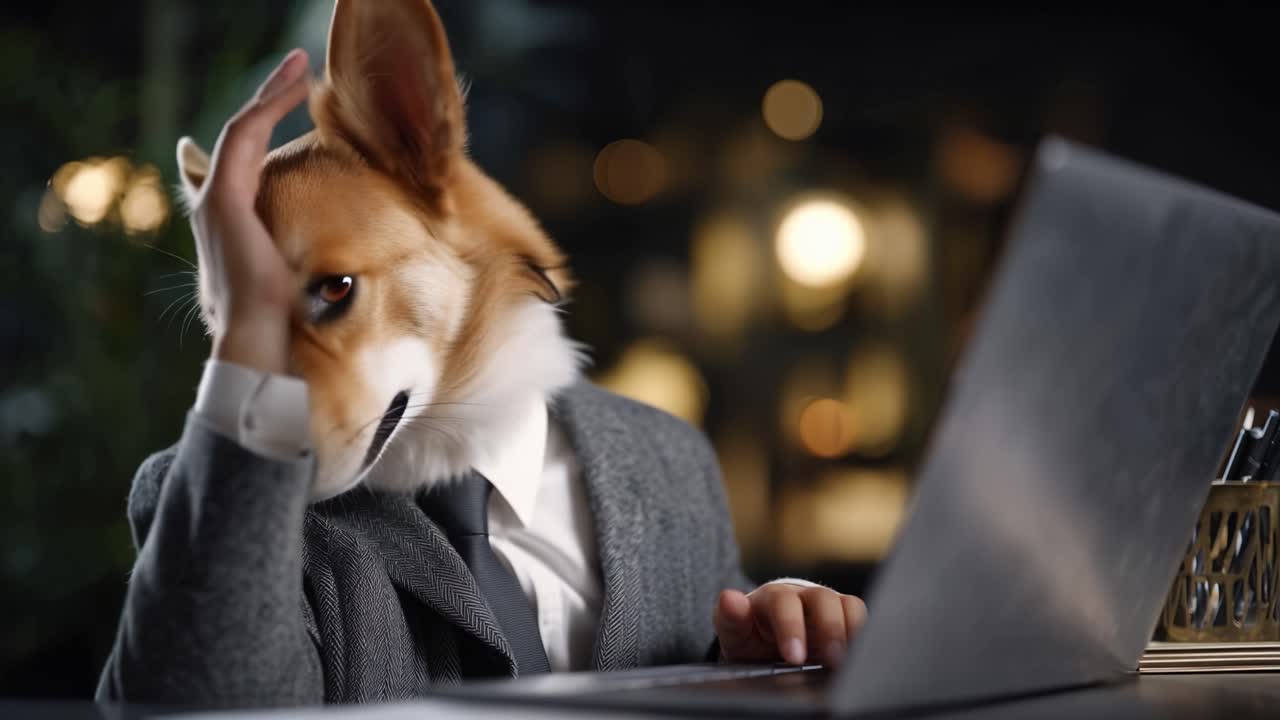 Un Corgi con traje trabaja en un portátil. Su expresión concentrada sugiere compromiso profesional. La iluminación cálida añade un ambiente acogedor y productivo. Ideal para humor de oficina o visuales de negocios con temática animal