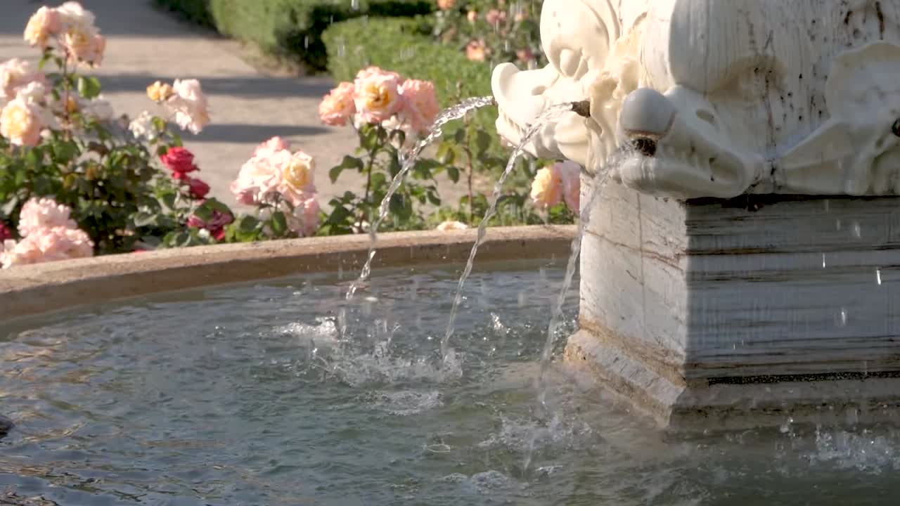 Slowed closeup of fish-shaped water spouts at the base of Fuente del Fauno de La Rosaleda del Retiro. Detailed view of fountain.