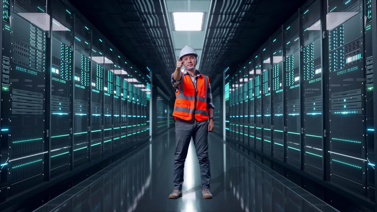 Full Body Of Asian Male Engineer With Safety Helmet Smiling And Touching His Chest Then Pointing At You While Standing in Server Room Data Center