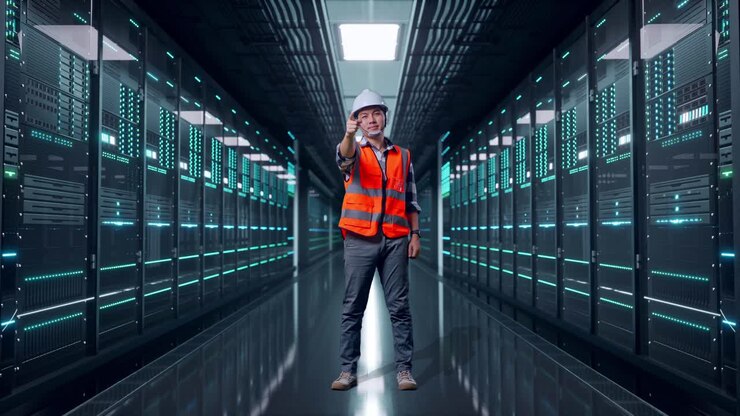 Corpo intero di un ingegnere asiatico con casco di sicurezza che sorride e si tocca il petto, per poi indicare l'osservatore, mentre si trova nella sala server di un data center.