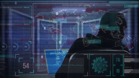Animation-of-a-hacker-hooded-man-over-a-computer-displaying-information,-world-map-marks-red-zones-