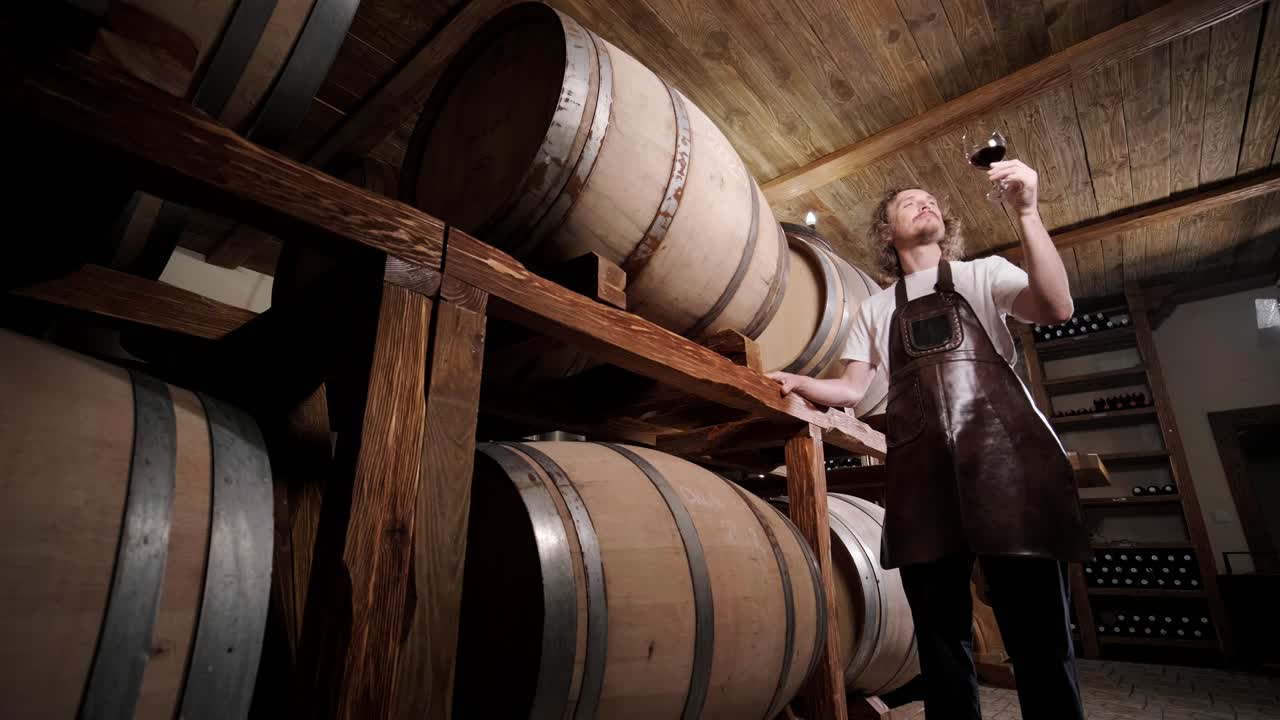 Authentic shot of successful male sommelier is tasting a flavor and checking white wine quality poured in transparent glass in a wine cellar.