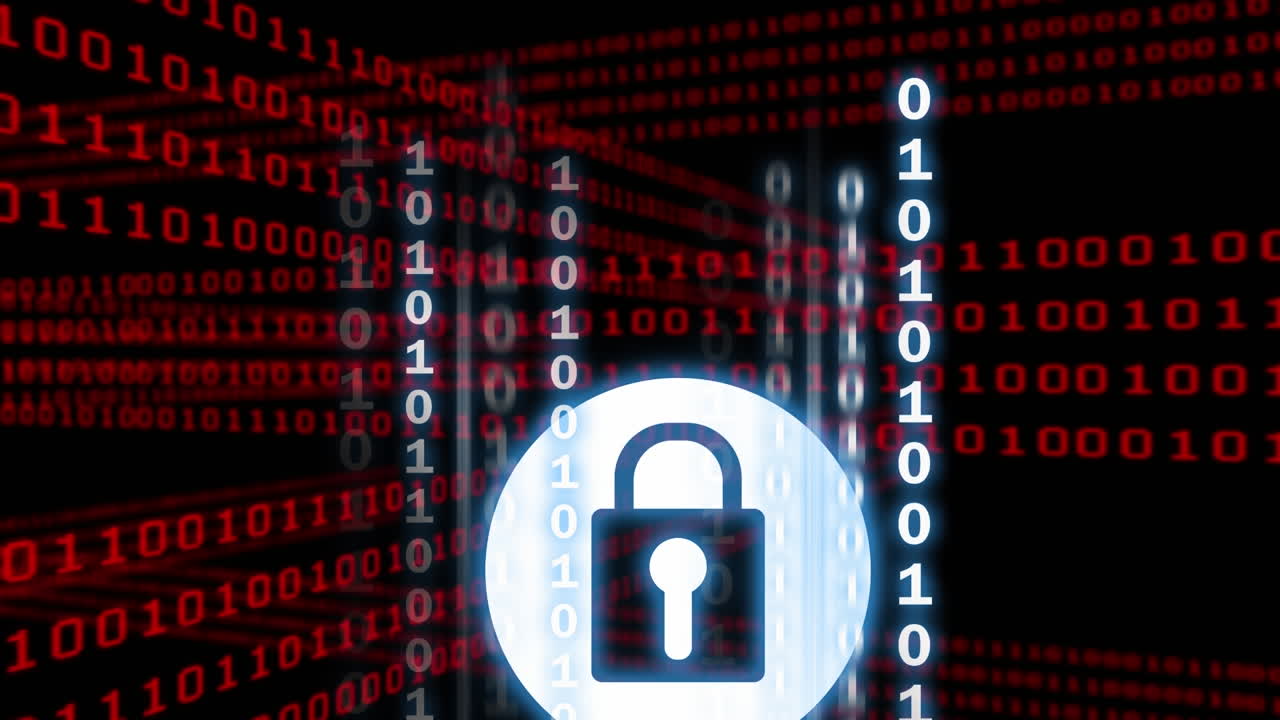Animation of binary coding and online security padlock over dark background