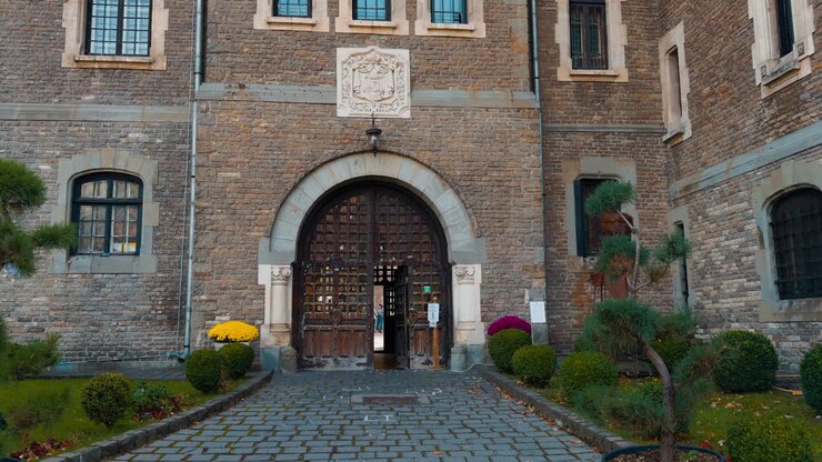 Percorrendo la strada asfaltata che porta all'antica villa in mattoni. Bellissimi vasi con piante vicino all'ingresso del castello