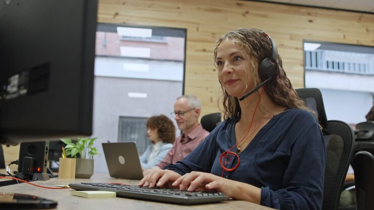 Kundesupportmedarbejder, der arbejder på et moderne kontor