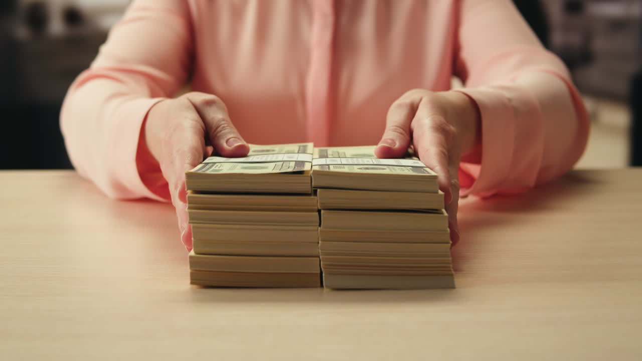 Woman holding a stack of money on a table